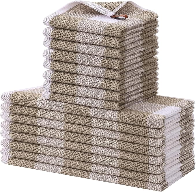 Homaxy Kitchen Towels and Dishcloths Set, Set of 16, White & Khaki | Bulk Cotton Waffle Weave Check Plaid Kitchen Towels, Super Soft and Absorbent Dish Cloths, 12 x 12 and 13 x 28 Inches