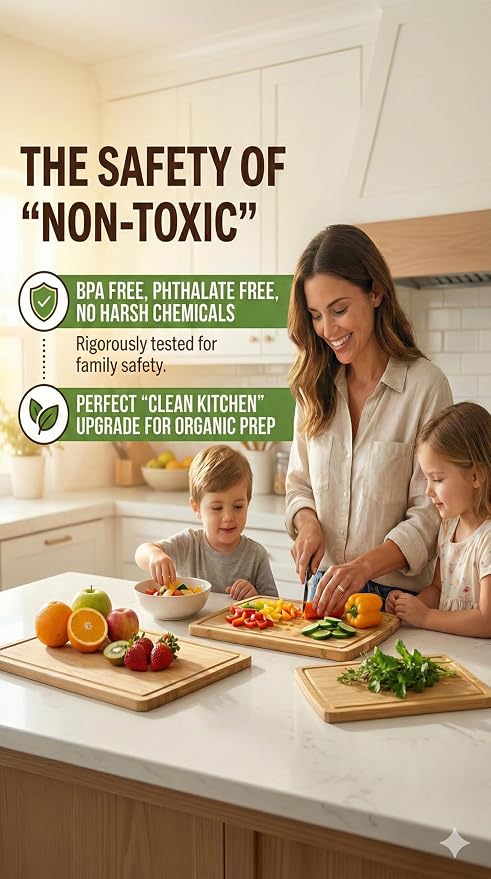 HEALTHIEST Glue-Free Surface Organic Bamboo Wood Cutting Board 3-Piece Set – Non Toxic Cutting Board Set – Lightweight, Heavy Duty Wooden Serving Boards for Charcuterie - Safer Family Meal Prep