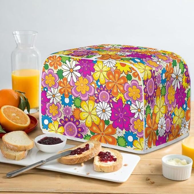 Daisy Print Food Toaster Cover Multicolor, Floral 2 Slice Wide Slot Oven Protector Fingerprint Protector, Foldable Small Appliance Protection Anti-dust Bread Machine Cover