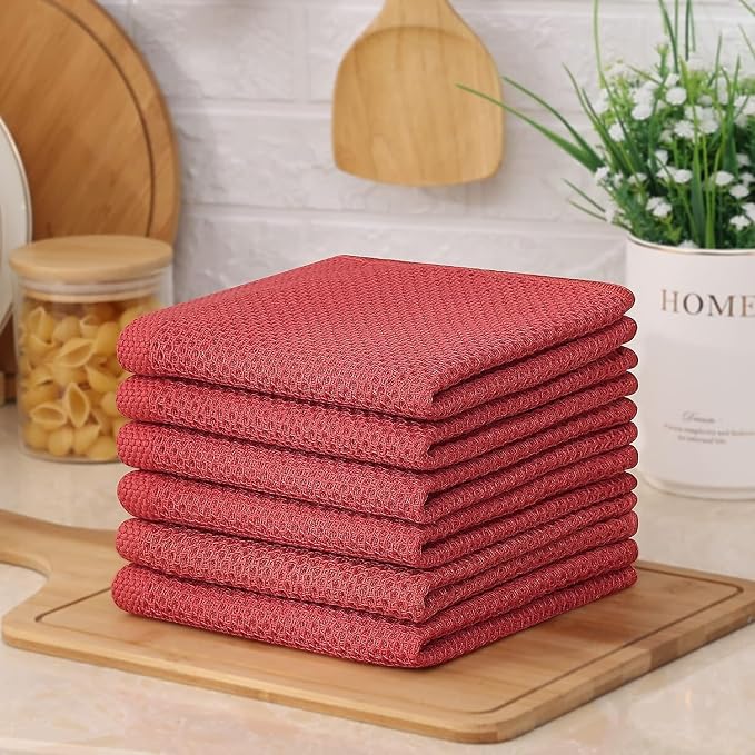 Kitinjoy 100% Cotton Waffle 8-Pack Kitchen Towels, 12" x 12", Brick Red | Ultra Absorbent, Super Soft, lightweight, Quick Drying Dish Rags for Washing Dishes