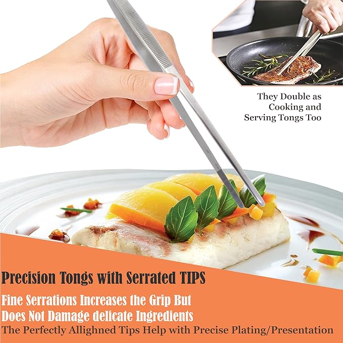 Professional Culinary Stainless Steel Precision Tongs with Serrated Tips, Plating/Food Presentation Detailing Serving Tongs, Chef's Kitchen Tweezer Tongs - Ultra Non-Slip Grip (10 Inch)