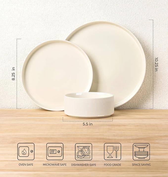 Ceramic Dinnerware Set for 6, 18-Piece Plates and Bowls Set | Lightweight Porcelain Dish Set, Scratch Resistant, Oven & Microwave & Dishwasher Safe, Beige