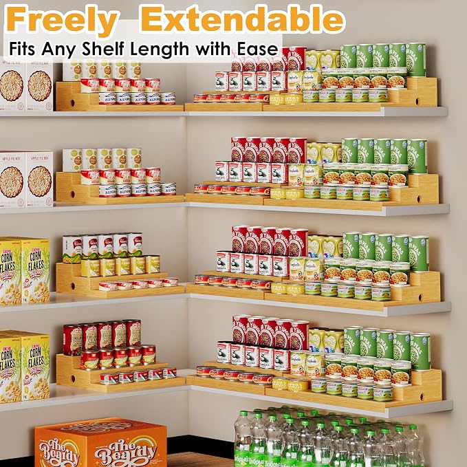 3-Tier Extra-Long Expandable Bamboo Can Rack for Pantry, Holds 45 Cans | Adjustable Pantry Can Organizer, Large Capacity Holds up to 45 Cans, Pantry Shelf & Countertop Storage (Patent Pending)