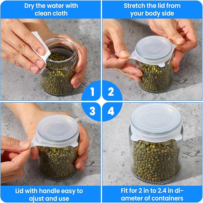 Extra Small Silicone Stretch Lids 2 Inch, 8 Pack Cruet Lid Reusable, Food Grade Elastic Bottle Caps for Yogurt Jars, Milk Bottles, Cans Lids Small, Dishwasher and Freezer Safe, Clear