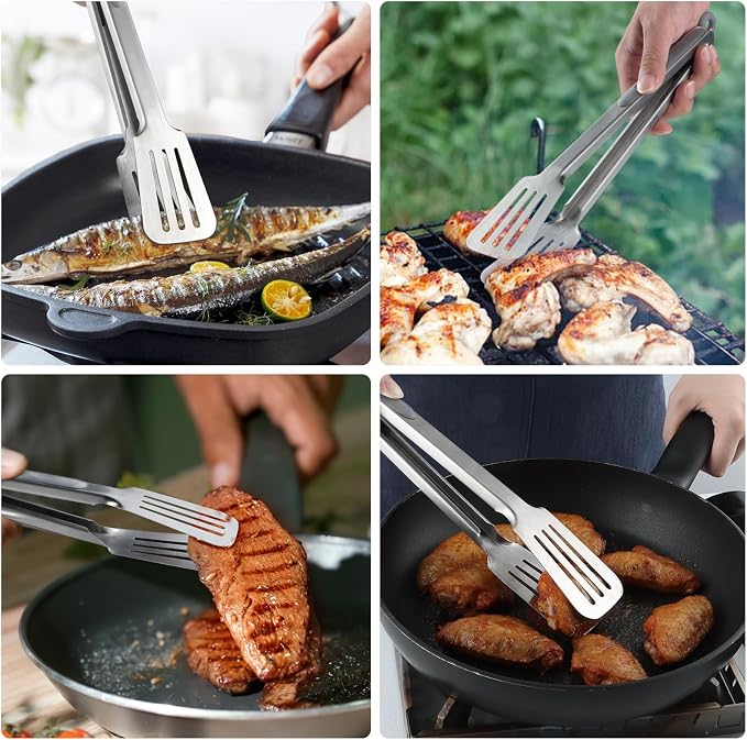 Tongs for Cooking, Set of 2 Metal Spatula Tongs for Grilling, Gray | 9 inch & 12 inch, Flat Spatula Head, Comfortable Handle, Strong Grip, Easy Pull Lock, Flipping Utensil