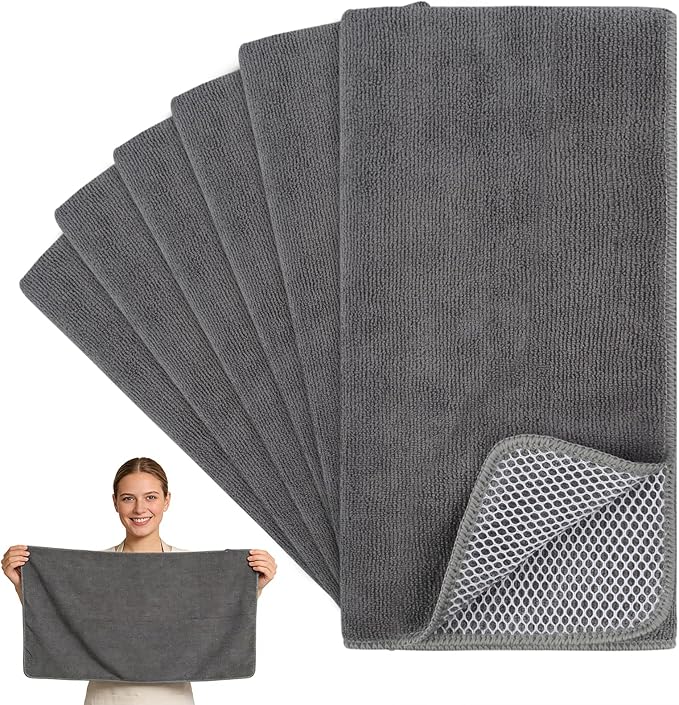 Dish Cloths for Washing Dishes with Scrub Side, Microfiber Dish Rags | Dual-sided microfiber dish cloths with scrubber for stuck-on food, quick dry kitchen washcloths 6 Pack, 15" x 25 Inch Gray