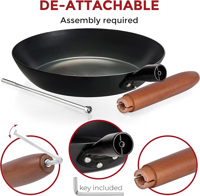 YOSUKATA 10 1/4" Carbon Steel Frying Pan – Non-Toxic Pre-Seasoned Skillet with Removable Wooden Handle – Coating-Free Wok-Style Pan for Gas, Induction, Electric, Oven & Grill BBQ