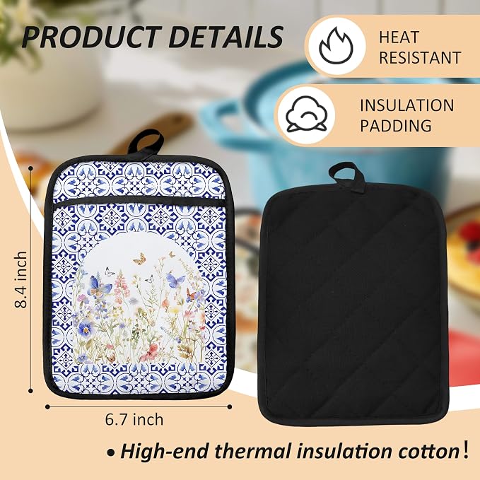 Colorful Wildflowers Floral Oven Mitts Set, Blue and White Heat Resistant Kitchen Oven Gloves for Baking and Cooking,Pot Holders