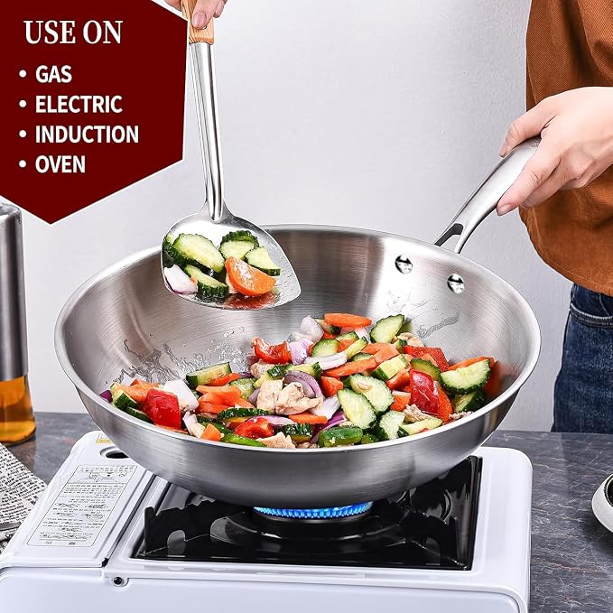 LOLYKITCH 11-Inch Tri-Ply Stainless Steel Wok Pan with Lid | Riveted Handle | Stir-Frying Pan | Induction Wok | Dishwasher and Oven Safe | Heavy-Duty | Flat-Bottom