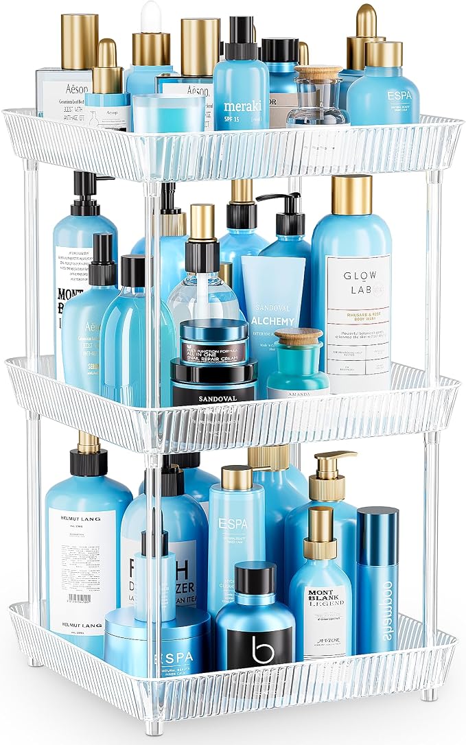 3 Tier Lazy Susan Bathroom Countertop Organizer, 360° Clear Rotating Square Storage Tray, Cosmetics and Perfume Organizer, Spinning Storage Tray Vanity Organizer Shelf for Bathroom Cabinet, Kitchen