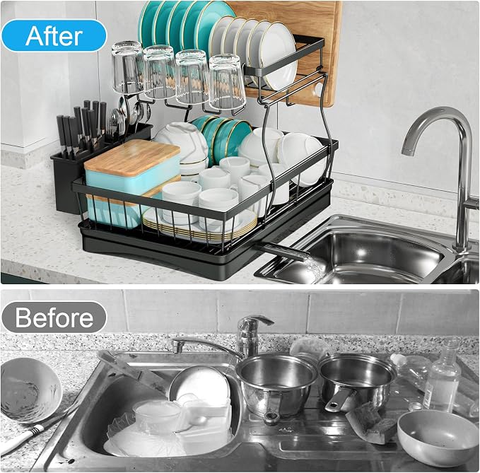 7 code 2-Tier Large Dish Drying Rack for Kitchen Counter, Black | Detachable Large Capacity Dish Drainer Organizer with Auto Drain, Anti-Rust Dish Rack with Cup & Utensil Holders