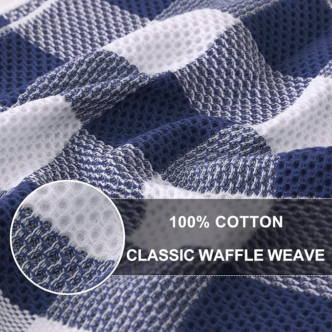 Homaxy Kitchen Towels and Dishcloths Set, Set of 10, White & Navy Blue | Bulk Cotton Waffle Weave Check Plaid Kitchen Towels, Super Soft and Absorbent Dish Cloths, 12 x 12 and 13 x 28 Inches