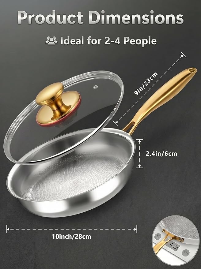 Titanium Pans for Cooking | 10" Pure Titanium Hammered Pro frying au gratin pan with Lid | Non-Toxic Skillet | PFAS/PFOA/PTFE Free Cookware | Dishwasher&Oven Safe