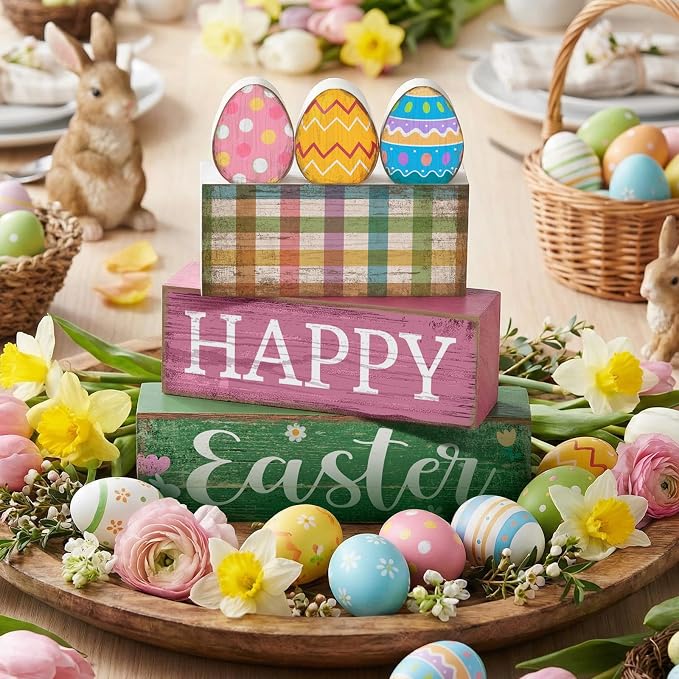 Lineshading 4 Pcs Easter Wooden Block Signs, Farmhouse Tiered Tray Decor | Includes 3 Painted Eggs and Happy Easter Sign Blocks, Rustic Wood Finish for Spring Home Mantle Shelf Centerpiece