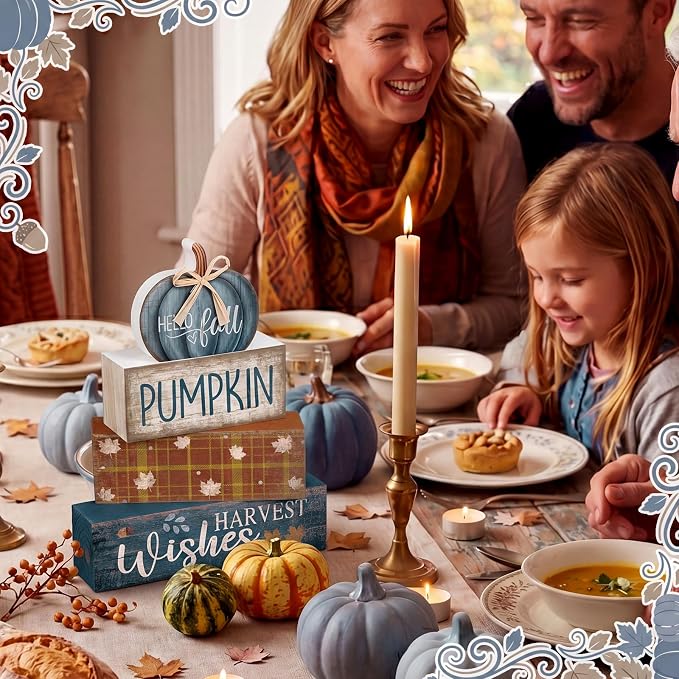 Lineshading 4 Pcs Blue Pumpkin Wooden Block Signs Fall Farmhouse Decor | Tiered Tray Tabletop Centerpiece, Harvest Wishes Thanksgiving Display, Rustic Stacked Signs with Buffalo Plaid Bow Accent