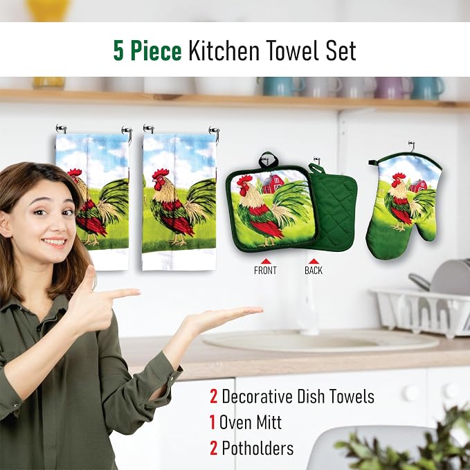 Proud Rooster & Red Barn Motif, 5 Piece Set | Kitchen Towel Set with 2 Decorative Dish Towels (25 X15), 1 Oven Mitt (11 X 7) and 2 Potholders (6.5 X 6.5)