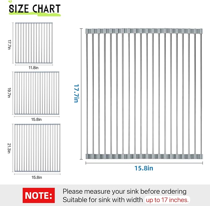 Roll Up Dish Drying Rack, 17.7" x 15.8" Over The Sink Dish Drying Rack, Dish Drying Rack for Kitchen Sink Counter Storage (Grey)