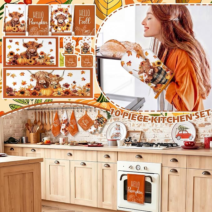 Fourluoo 10 Pcs Fall Highland Cow Kitchen Decor Set | Rugs Towels Oven Mitts and Pot Holders Set, Fall Farmhouse Kitchen Decor Set, for Cooking Baking Grilling Gift