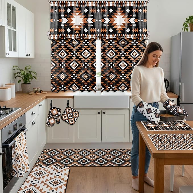 13 Pcs Western Aztec Kitchen Decor Set with Western Kitchen Towel American Decorative Nonslip Mats Curtains Southwest Valance Pot Holders Oven Mitts for Home Decoration Cooking Baking Gift