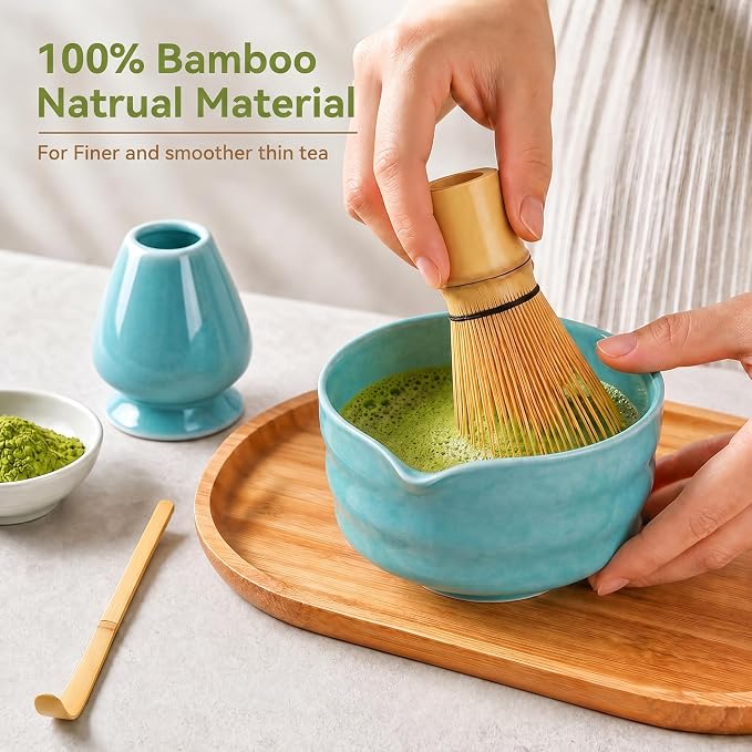Matcha Whisk Set with Serene Blue Ceramic Bowl - All-in-One Matcha Starter Kit, Bamboo Whisk (Chasen), Whisk Holder, Matcha Powder Sifter, Scoop, Japanese Tea Ceremony Tools