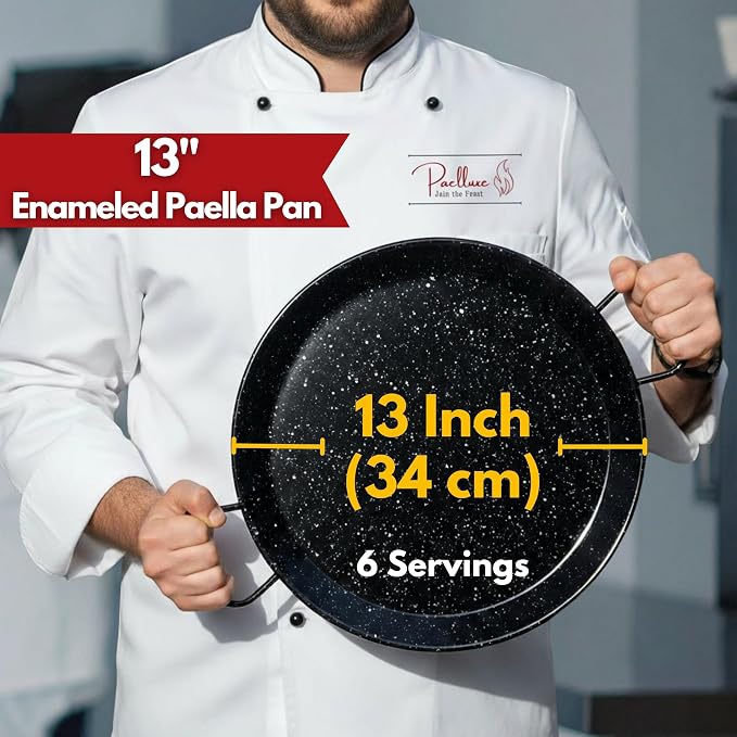 Paelluxe Paella Pan Enameled No-Rust Steel Skillet - 13 Inch, 6 Servings | 1.2mm Carbon Steel, Easy-Clean Enamel, Propane Safe, Oven Safe, Fits Stove Burners, Silicone Handle Holders