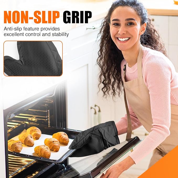 Silicone Oven Mitts, Heat Resistant 2PCS Oven Mitts with Soft Cotton Lining, Waterproof Non-Slip Grip Oven Glove, Kitchen Potholder Mits for BBQ, Baking, Cooking, 10.5Inch - Dark Black