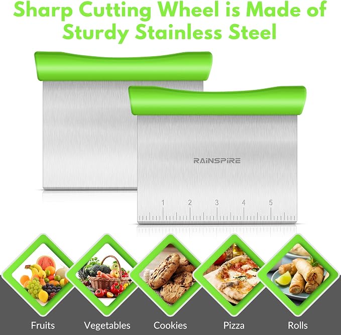 Upgraded 304 Stainless Steel Multi-Purpose Bench Scraper with Measurement Marks, Dishwasher Safe, Dough Cutter for Pizza, Bread and Cookie Dough Vegetable Chopper, Baking Supplies, Green