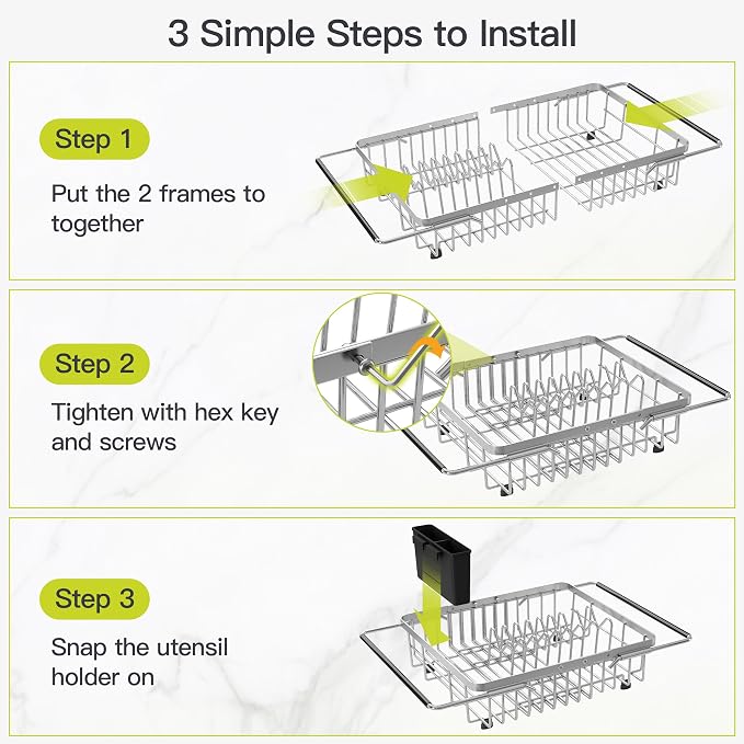 JASIWAY Expandable Dish Drying Rack Over the Sink with Utensil Holder | Stainless Steel Adjustable Dish Driainers for Small Kitchen, Counter Space Saving, Fast Drain, Rustproof, For Apartment, RV