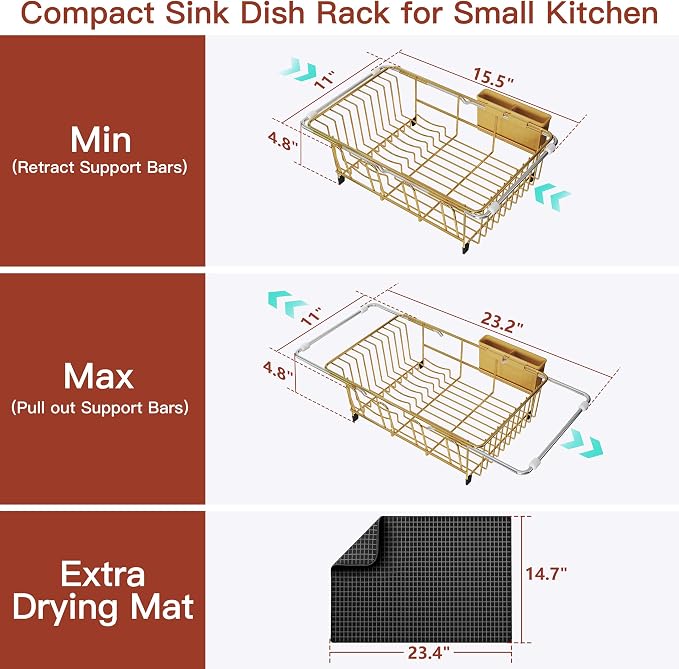JASIWAY Gold Dish Drying Rack in Sink with Mat, Cups and Utensil Holder | Use Over the Sink or Counter, Stainless Steel Expandable Dish Drainer for Small Kitchen, Space Saving, Fast Drain, Rustproof
