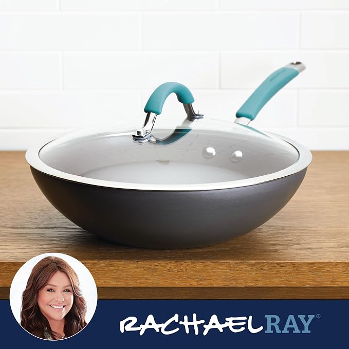 Rachael Ray Cucina Hard-Anodized Nonstick Covered Stir Fry Pan, 11-Inch, Gray, Agave Blue Handles
