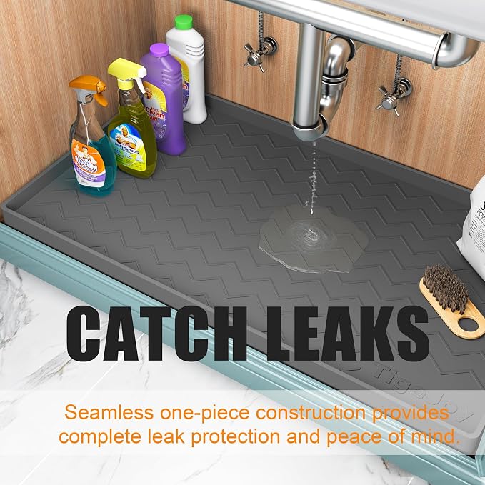 TigeJoy Under Sink Mats for Kitchen Waterproof 28" x 19", Cabinet Liner | Leak-Proof Silicone Mat Sink Protector, Kitchen Essentials Organizer and Storage,Boot or Shoe Tray, Pet Feeding Mat