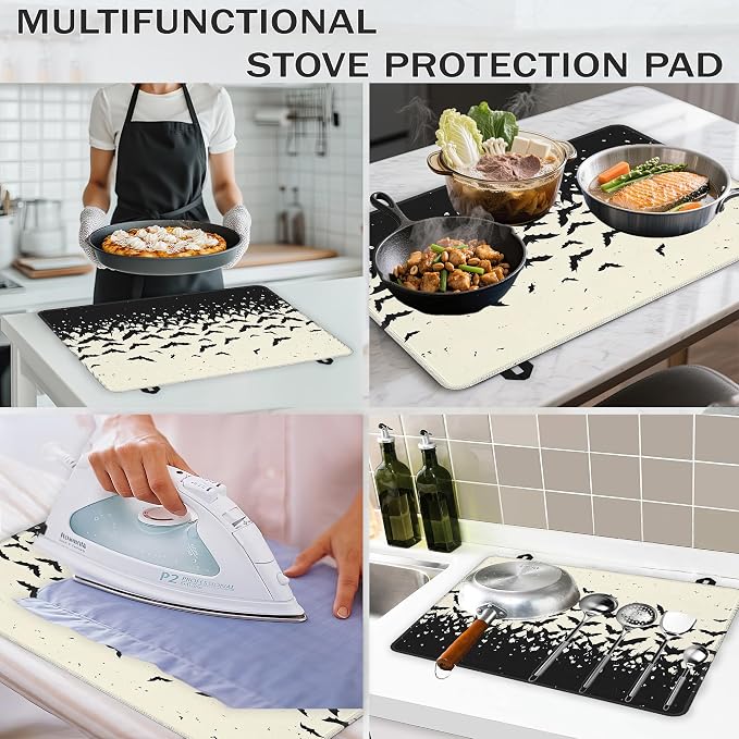 Electric Stove Top Cover,Gothic Bats Stove Cover for Glass Top Electric Stove,Halloween Heat Resistant Flat Top Stove Mat Countertop Protector, 28 x 20 Inch
