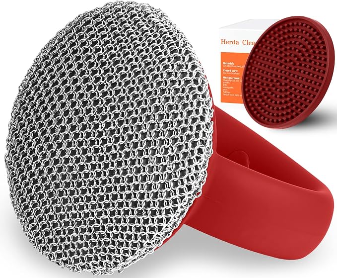 Cast Iron Cleaner Scrubber+Tray Heavy Duty Handle, 3mm Welded Chain Mail | Fine Ring,Stainless Steel Sponge Chainmail Scrubber, Skillet Oven Grill Cleaning Metal Brush -Dishwasher Safe,Heat Resistant
