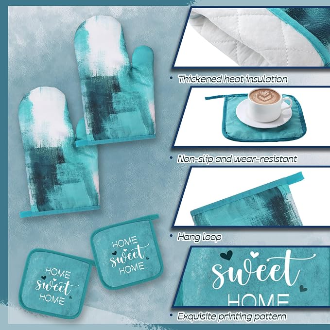 16 Pcs Turquoise Kitchen Decor and Accessories Set 4 Teal Abstract Area Kitchen Towels 2 Non Slip Rugs and Mats 2 Modern Grey Oven Mitts 2 Pot Holders 4 Placemats 2 Curtains for Home Decoration Gift