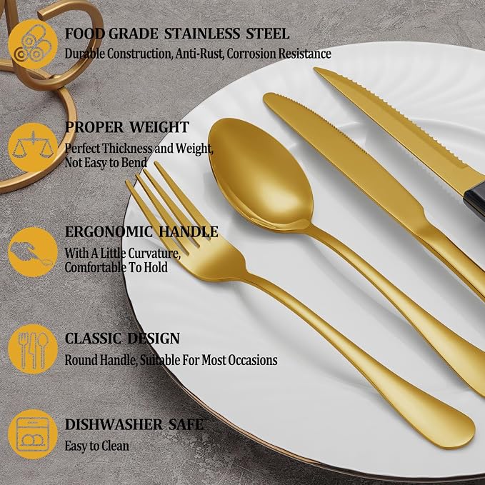 72 Pcs Gold Silverware Set with Steak Knives, Stainless Steel Flatware Cutlery Set for 12, Kitchen Tableware Sets, Utensil Sets for Home and Restaurant, Dishwasher Safe