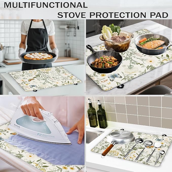 Spring Floral Glass Top Stove Cover Protector,Rustic Wild Flower Heat Resistant Stove Top Cover, Large Size Range Covers for Electric Stove Countertop Mat, 28 x 20 Inch