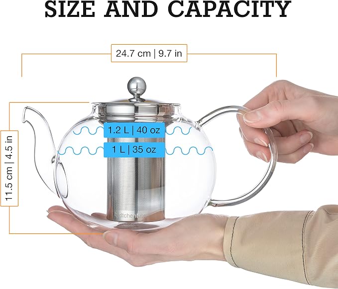 Glass Teapot Set with 4 Double Wall Tea Cups & Removable Stainless Steel Infuser, 35oz/1000ml Borosilicate Tea Kettle Stovetop Safe, Loose Leaf & Blooming Tea Maker Gift Set for Women