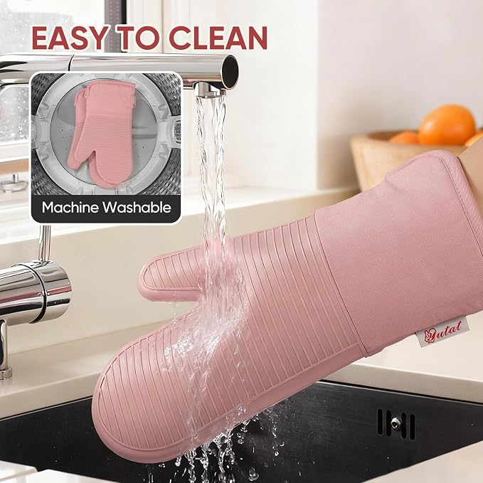 YUTAT Silicone Oven Mitts,High Heat Resistant Up to 500 Degrees,Waterproof Cooking Gloves with Soft Polyester Filling,Kitchen Potholder Set - Perfect for BBQ,Baking and Cooking,Pink,2 Pcs Set