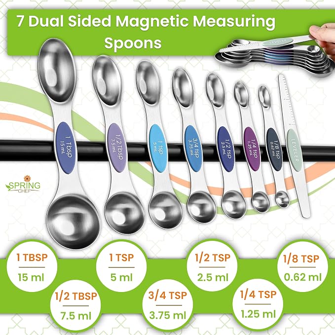 Spring Chef Magnetic Measuring Cups & Spoons Set of 15, Winter Frost | Patented Nesting Stainless Steel Measuring Cups & Heavy Duty Metal Measuring Spoons w/ Levelers for Dry & Liquid Ingredients