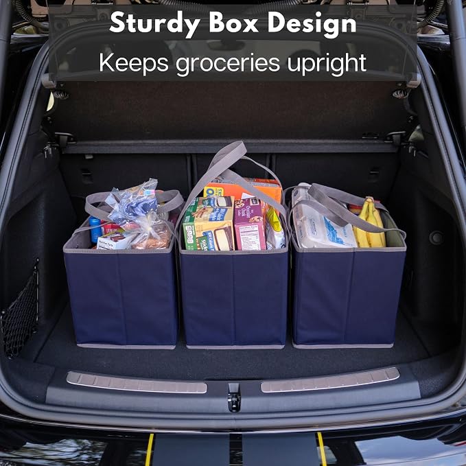 Reusable Grocery Bags (3 Pack) – Heavy Duty Reusable Shopping Bags with Box Shape to Stand Up, Stay Open, Fold Flat – Large Tote Bags are Foldable with Long Handles & Hard Bottom (Navy Blue)