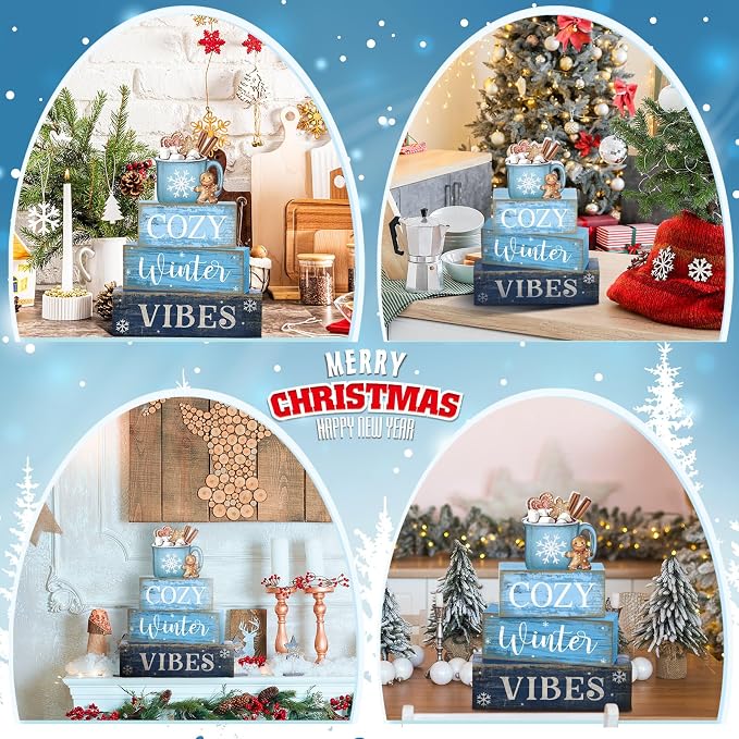 Lineshading 4 Pcs Wooden Farmhouse Tiered Tray Decor Winter Block Signs | Rustic Tabletop Decor, Hot Cocoa Mug Topper, Blue Wooden Signs, Cozy Winter Vibes Theme, Farmhouse Style Home Accents