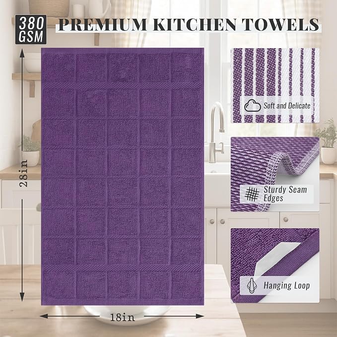 Homaxy 6 Pack Cotton Terry Premium Kitchen Towels, 18 x 28 in, Purple | Large 380 GSM Dish Towels, Highly Absorben Flat & Terry Kitchen Hand Towels, Soft Utility Tea Towel Set with Hanging Loop