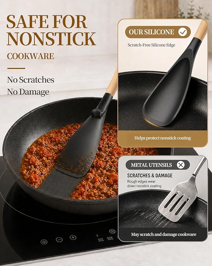 Astercook Cooking Spoon, Nonstick Safe Silicone Spatula with Long Wooden Handles, Heat Resistant, BPA-Free, Built-in Spoon Rest, 2 Pack Spatula Spoon for Stirring, Scooping, Scraping and Serving
