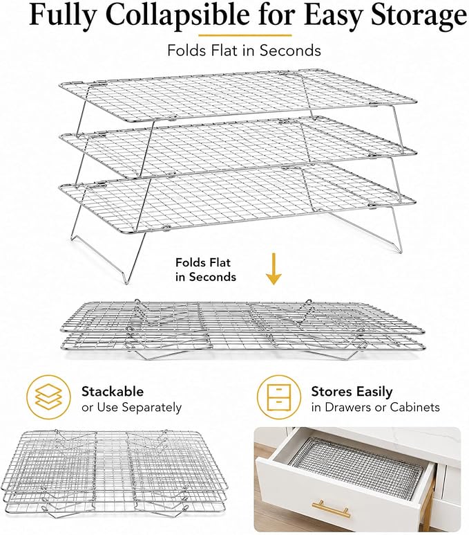 Cooling Rack 16"x10", 3-Tier Stackable & Collapsible Cooling Racks | Cooling Racks for Cooking and Baking, Roasting, Grilling, Oven & Dishwasher Safe (Silver, 3-Tier)
