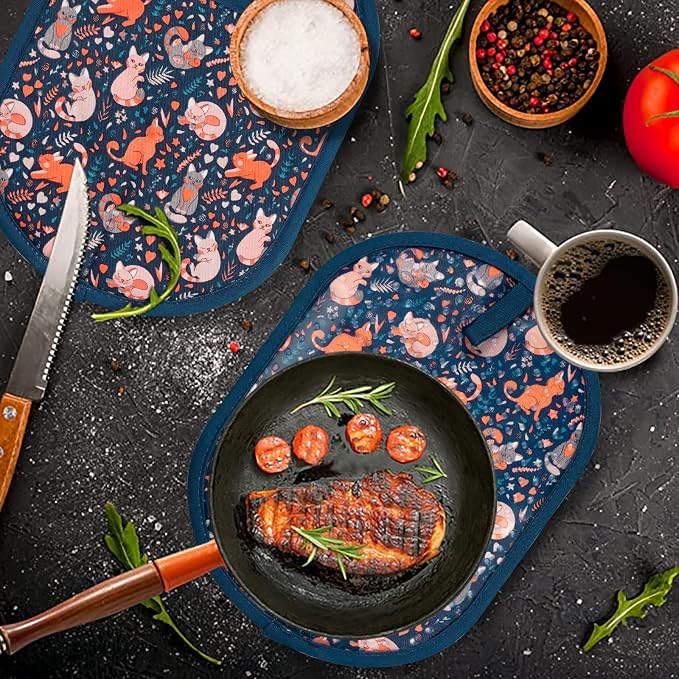 Pot Holders with Transparent Clear Silicone Shell and Nice Cat Flower | Potholders Cotton Lining Set of 2, Heat Resistant to 500 F Kitchen Oven Gloves for Cooking (Navy Cat, Potholders)