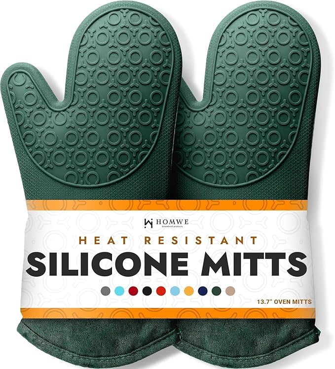 BPA-Free Silicone Oven Mitts Ultra Heat Resistant up to 500°F - Oven Mitts with Thick Cotton Liner - Long Slip Resistant Pot Holders, Flexible Oven Gloves - Green 13.7"