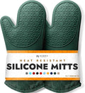 BPA-Free Silicone Oven Mitts Ultra Heat Resistant up to 500°F - Oven Mitts with Thick Cotton Liner - Long Slip Resistant Pot Holders, Flexible Oven Gloves - Green 13.7"