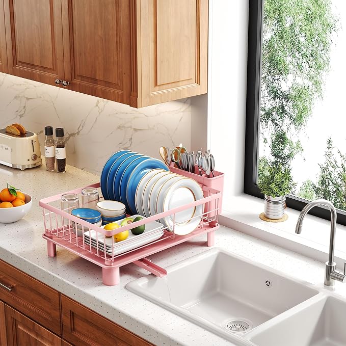 SNTD Dish Drying Rack for Small Kitchen Counter, 11" W x 15" L, Pink | Space Saving, Rotating Spout & Angled Drainboard for Quick Drainage, Stainless Steel, Removable Utensil Holder
