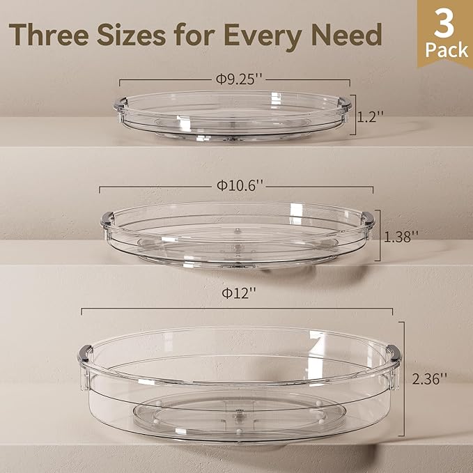 LAMU 3 Pack Lazy Susan Organizer Turntable for Cabinet, 9.25'' 10.6'' 12'' | Pantry Organizers and Storage, Rotating Condiment Organizer Spice Organization, For Kitchen, Table Top, Fridge, Countertop