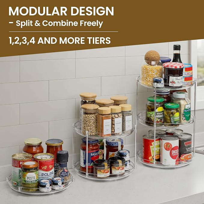 2 Set 2 Tier Non-Skid Acrylic Lazy Susan Organizer - Rotating Spice Rack - Turntable Spinning Organization for Kitchen, Pantry, Countertop, Closet, Bathroom, Vanity, Medicine Cabinet Organizing, 11''